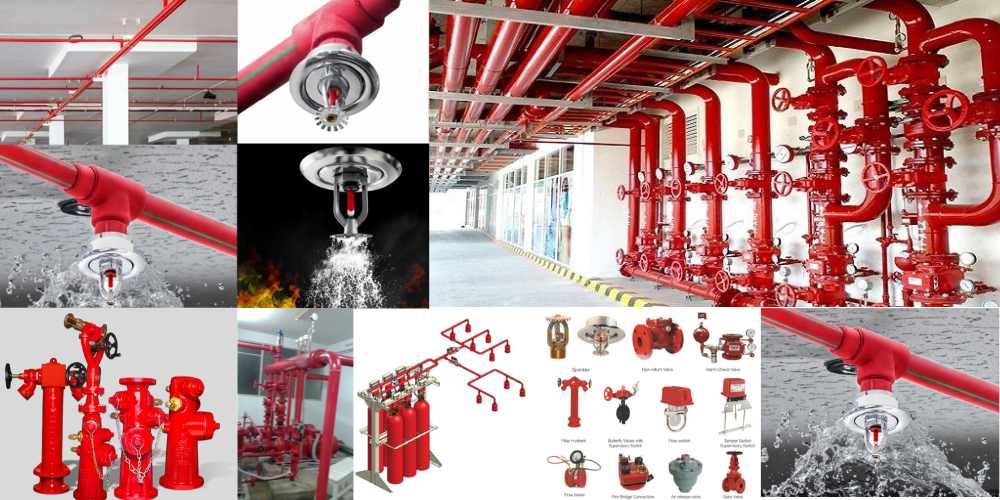 A split image comparing a fire hydrant system and a fire sprinkler system used in buildings in Bangladesh.