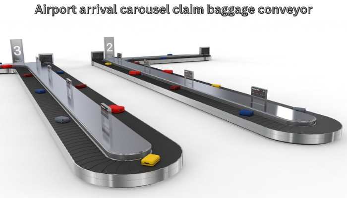 German-made baggage carousel conveyor smoothly delivers suitcases to arriving passengers at an airport, showcasing efficient luggage handling technology.