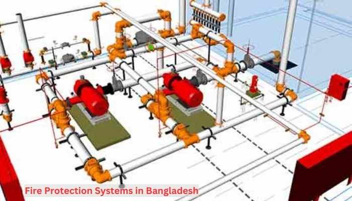 A detailed fire protection plan for a building in Bangladesh, outlining evacuation routes, extinguisher locations, and alarm systems.