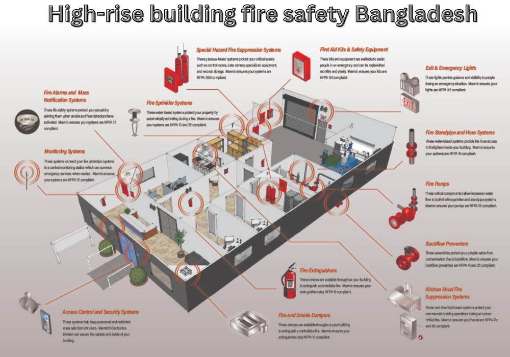  Fire safety inspector in Bangladesh reviewing a fire protection system plan with a building owner.