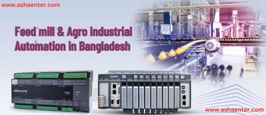 Modern automated feed mill in Bangladesh featuring PLC control panels and ingredient processing machinery.