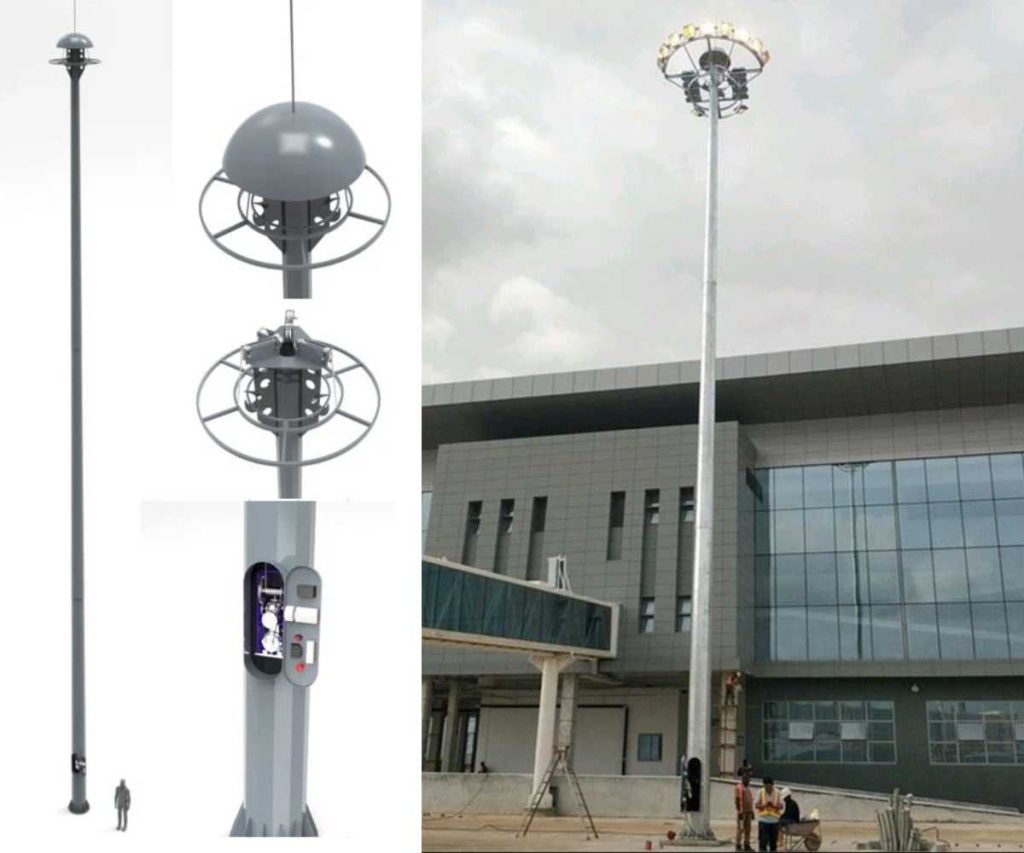 Durable Hot-Dip Galvanized High Mast Lighting Pole illuminating a sports complex in China.