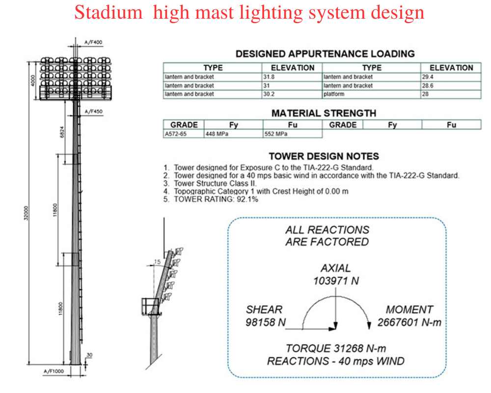3D computer-aided design (CAD) illustration of a high mast lighting system specifically designed for a stadium in China.